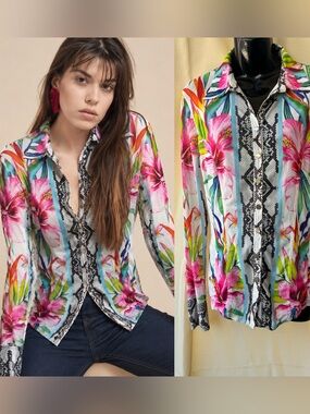 Etoile Du Monde France Snakeskin Floral Hibiscus Blouse